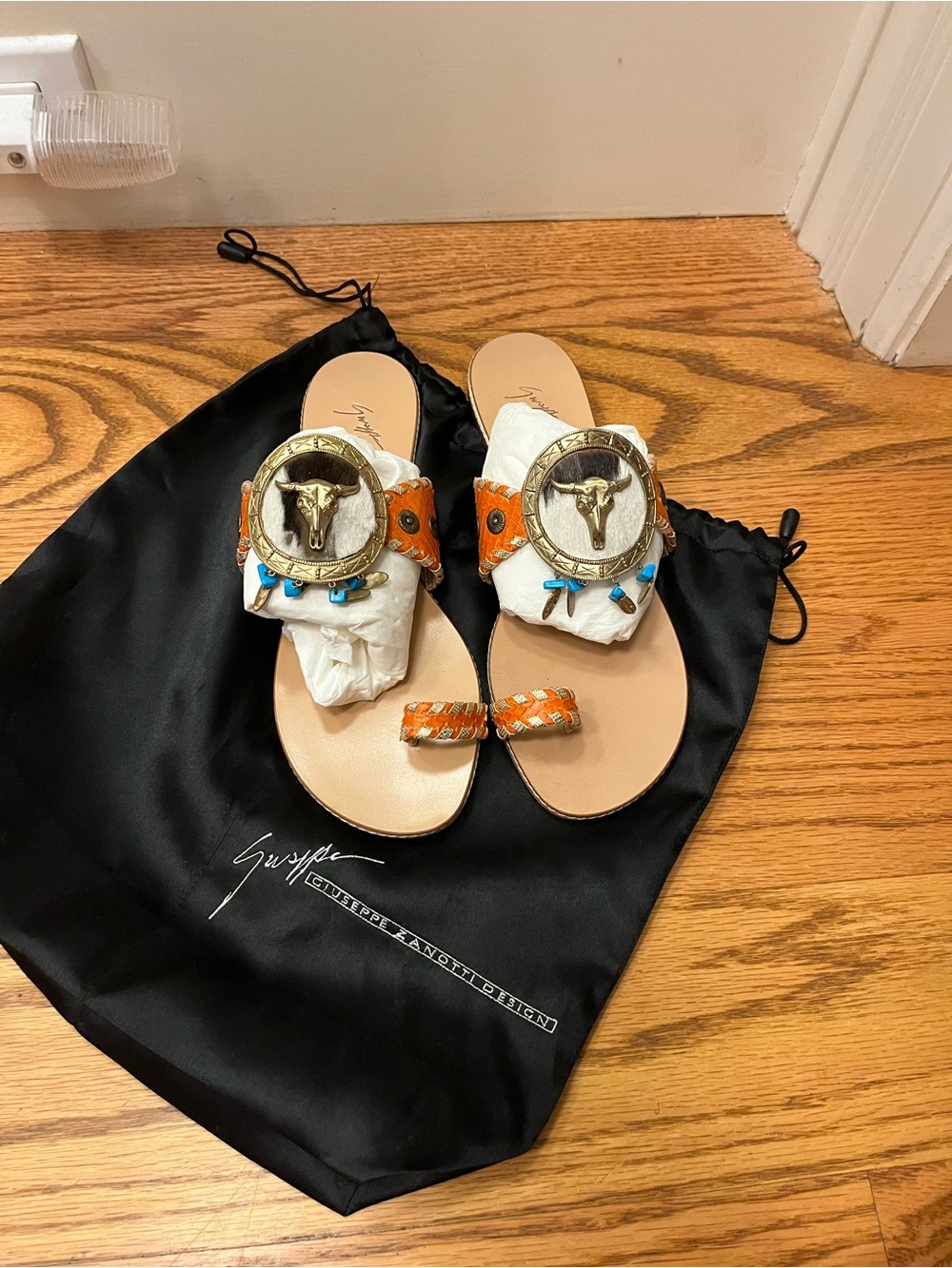 Giuseppe Zanotti Orange Leather Beaded Slide Sandals with Turquoise Accents